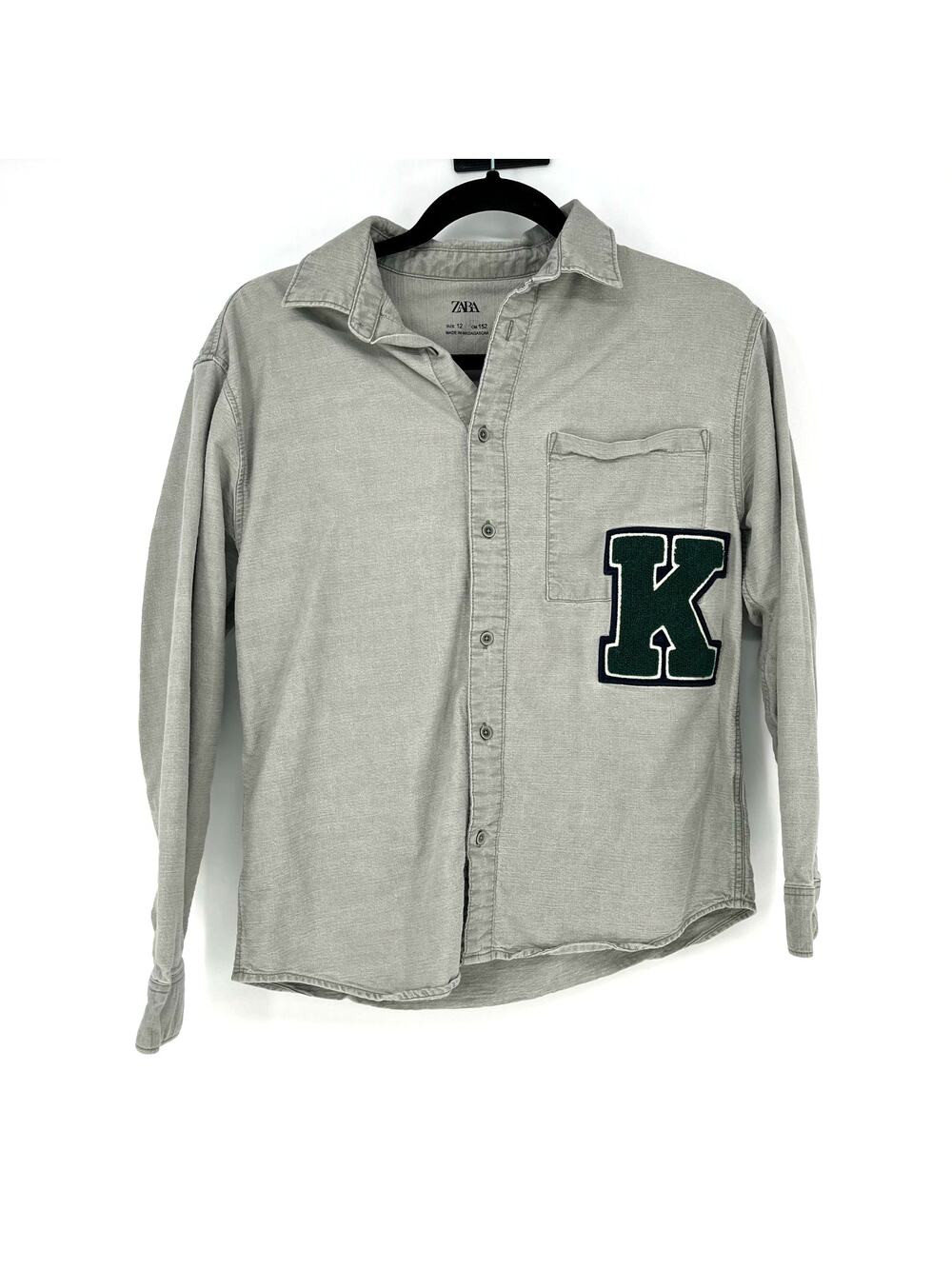 Zara Kids Varsity K Patch Overshirt Shacket Sage Green Button Down Size 12